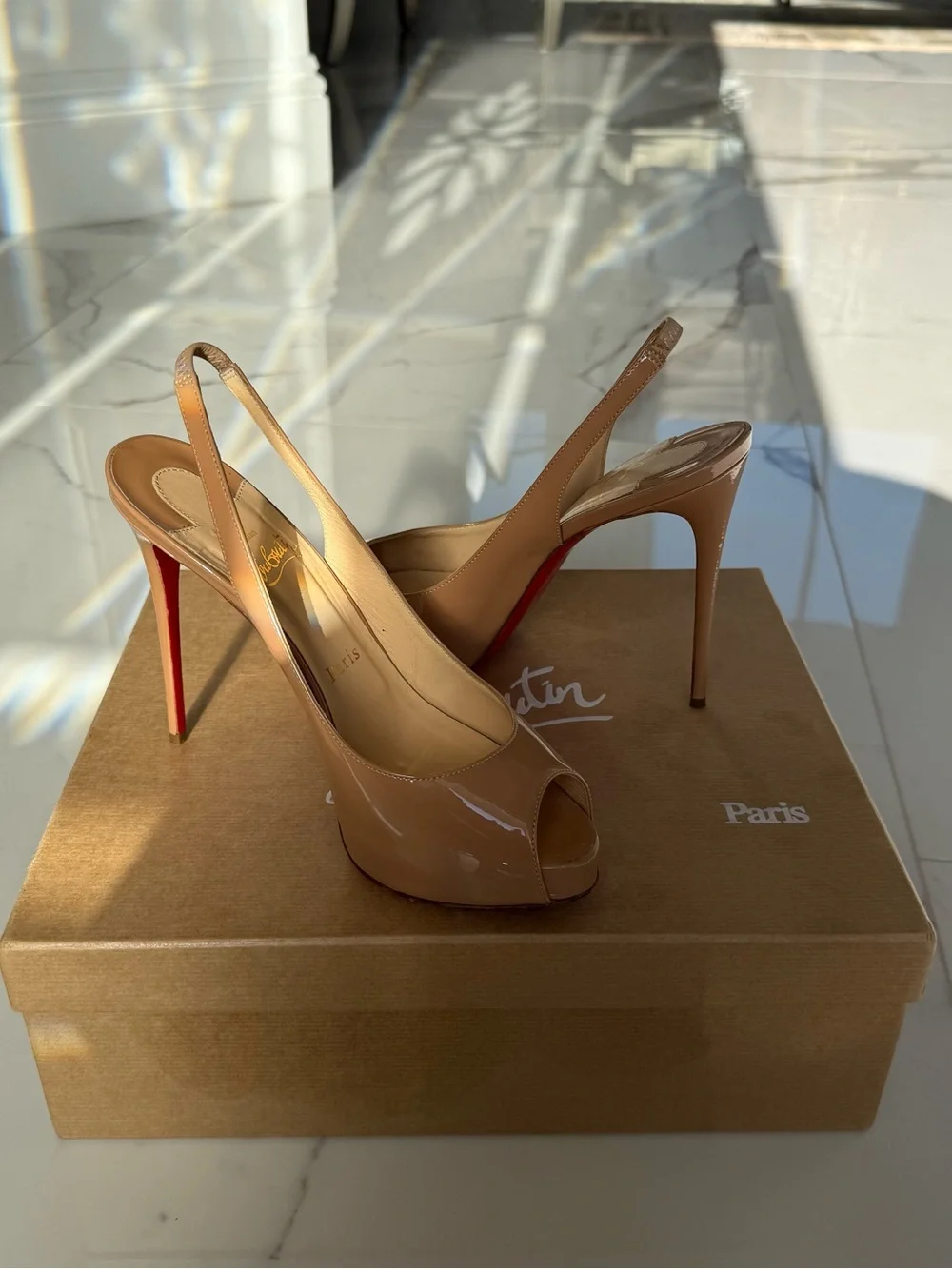 Christian Louboutin Prive 120 Nude Patent Leather Sling